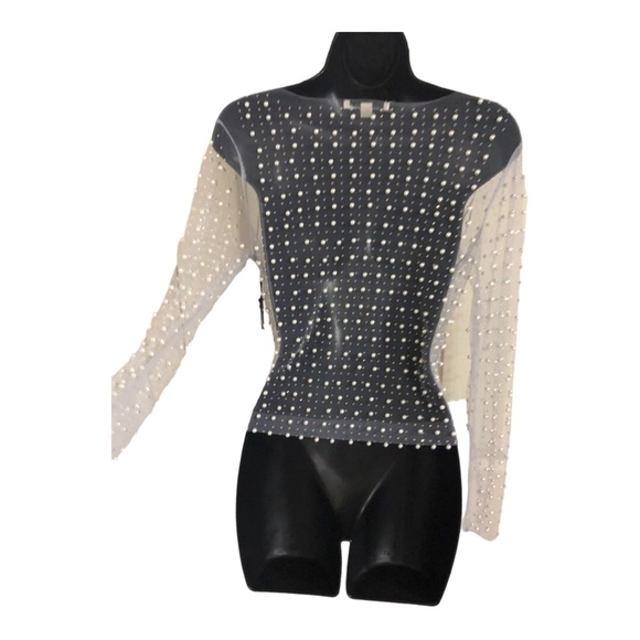 Cream Pearl Beaded rhinestone crystal sheer mesh long sleeve top size size Small - Picture 8 of 16
